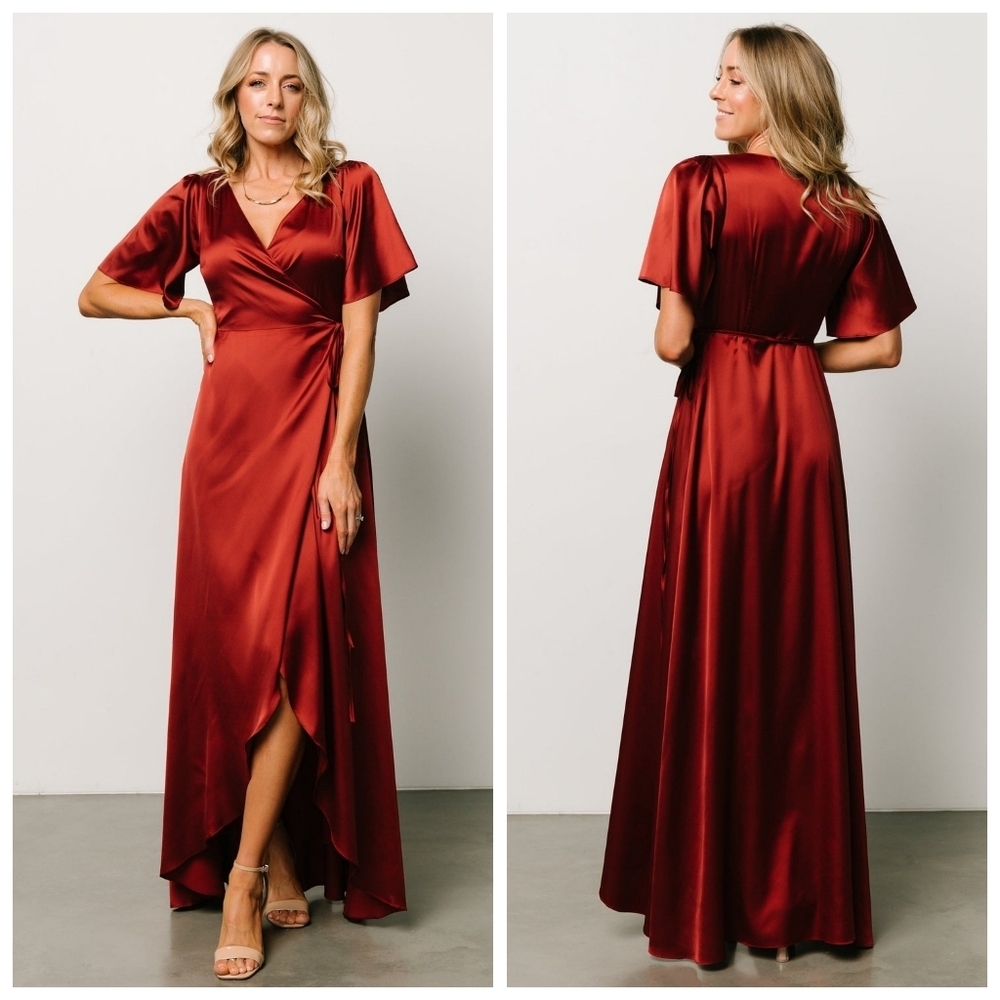 Baltic Born Vara Terracotta Satin Maxi Wrap Dress